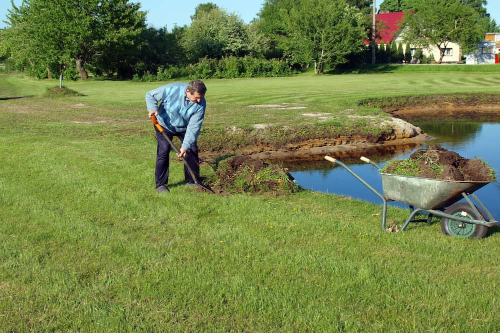 A Man Repairing a Koi Pond