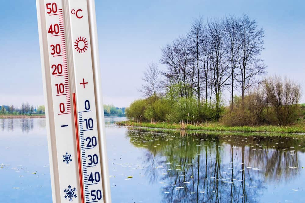 A Thermometer with a Pond in the Background
